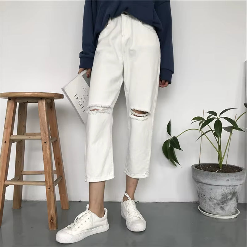 Jeans Women Ripped Hole High Waist Zipper Fly Button Straight Ankle-Length Womens Trousers Basic Bottoms Black Jean Femme Chic