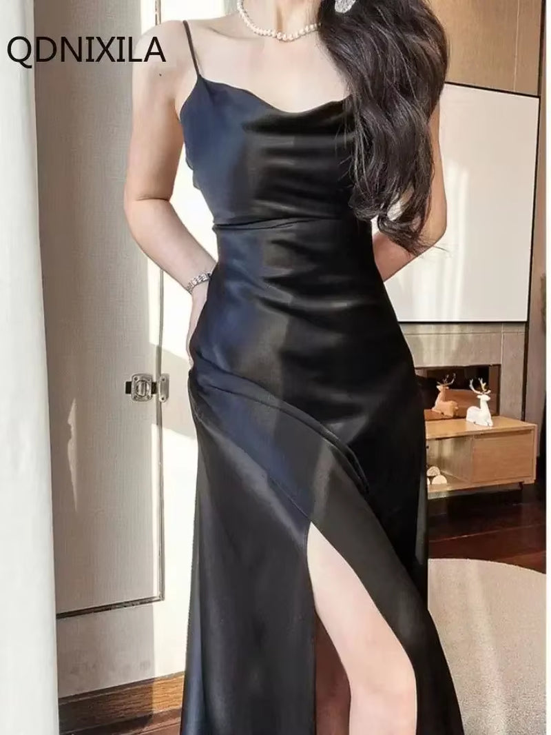 Women'S Satin Open Back Dress, Spaghetti Strap, Slim Fit, Monochromatic, Party Dresses, Sensual, Sexy, New,Summer Dress