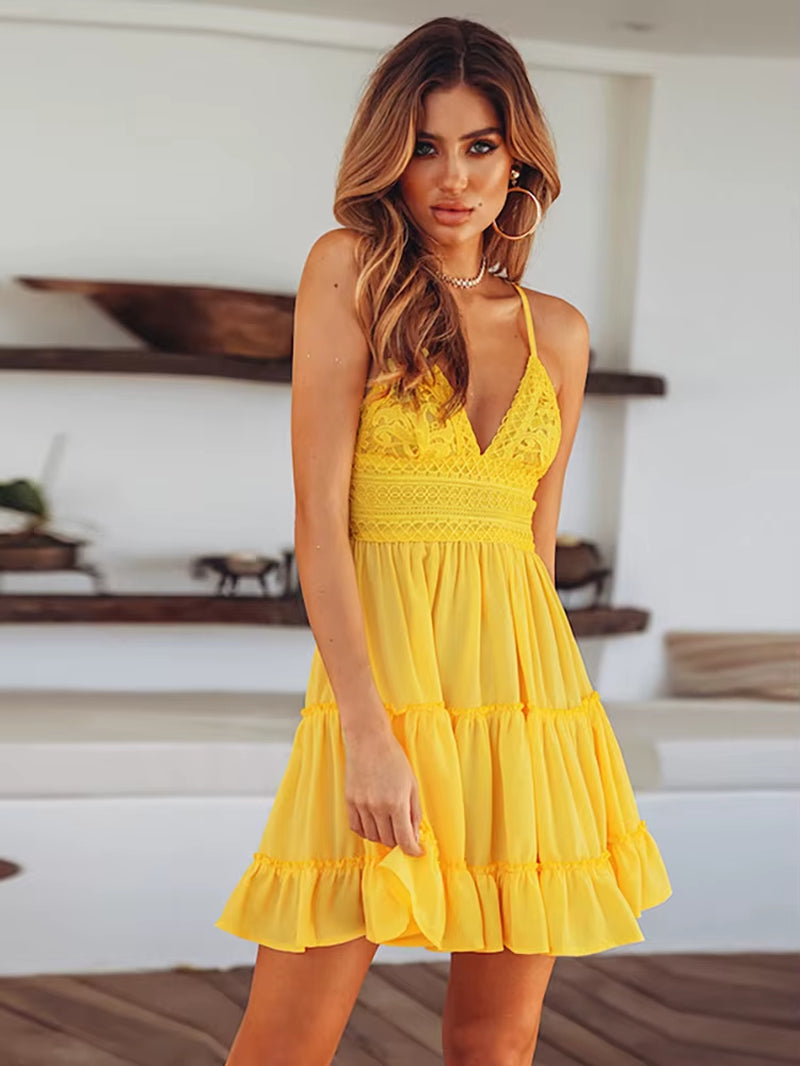 Summer Women White Lace Halter Dress Sexy Backless Beach Dresses 2022 Fashion Sleeveless Spaghetti Strap Casual Mini Sundress