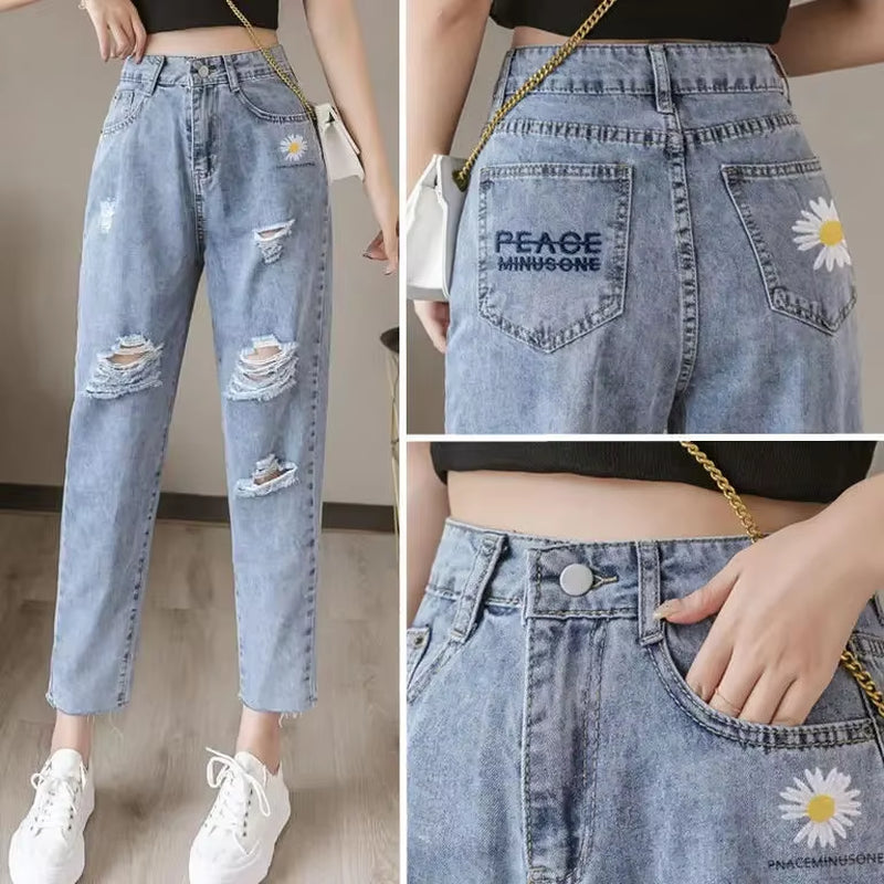 Embroidered Daisy Hole Jeans Women'S Loose Capris Summer Thin High Waist Straight Pants BF Trend