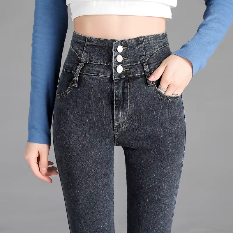 High-Quality New Vintage High-Waist Stretch Skinny Jeans, Women'S Fashion Stretch Button Pencil Pants, Mom Casual Jeans Pants