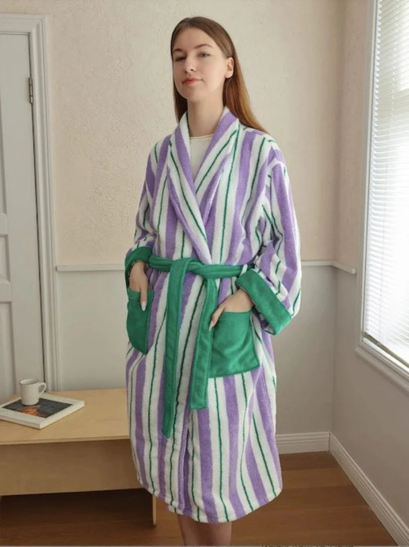 Ultra Soft Whimsical Retro Stripe Bathrobe - 100% Organic Long-Stapled Cotton