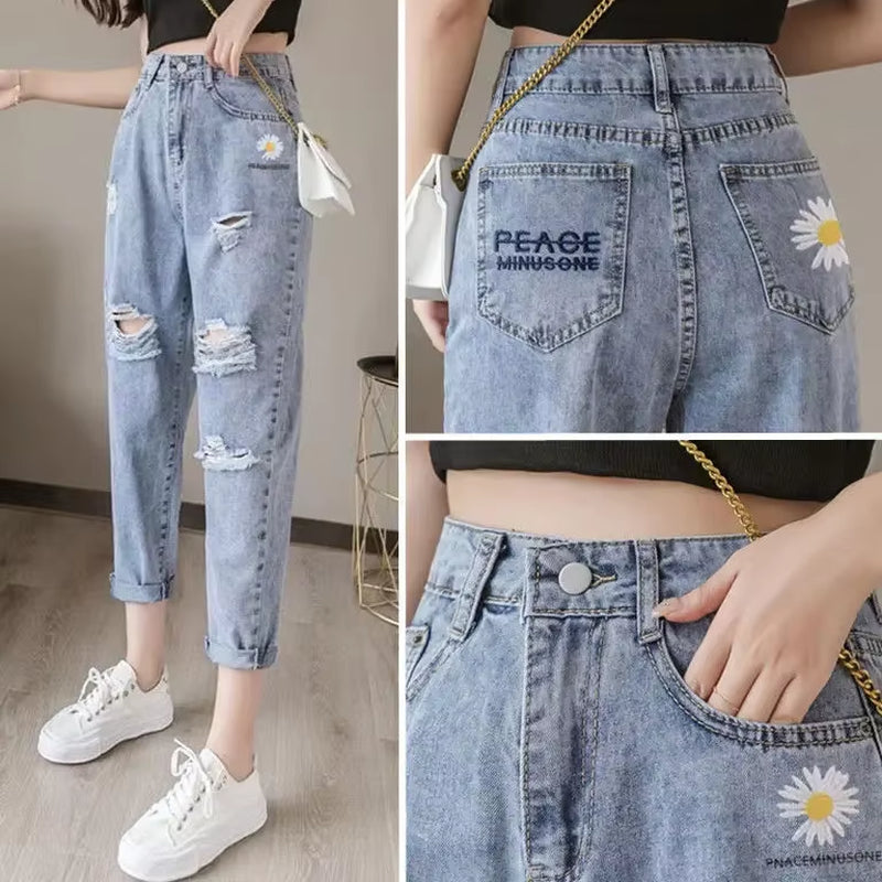 Embroidered Daisy Hole Jeans Women'S Loose Capris Summer Thin High Waist Straight Pants BF Trend