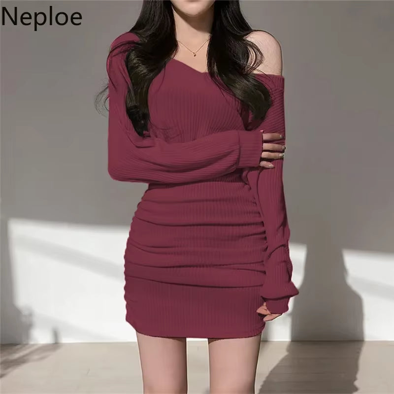 Neploe 2025 Korean Mini Dress Women Sexy V Neck Sweater Fashion Elegant Bodycon Dresses Long Sleeve Pleated Robe Knit Vestidos