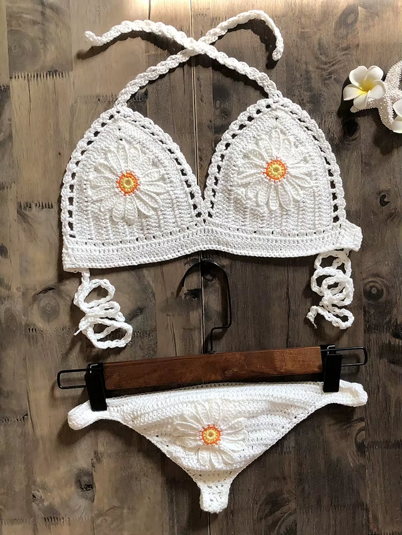 2019 New Fashion Beach Bikini Set Knitting Swimsuit Crochet Bohemia Style off Shoulder Bathing Handmade Sexy Bikini