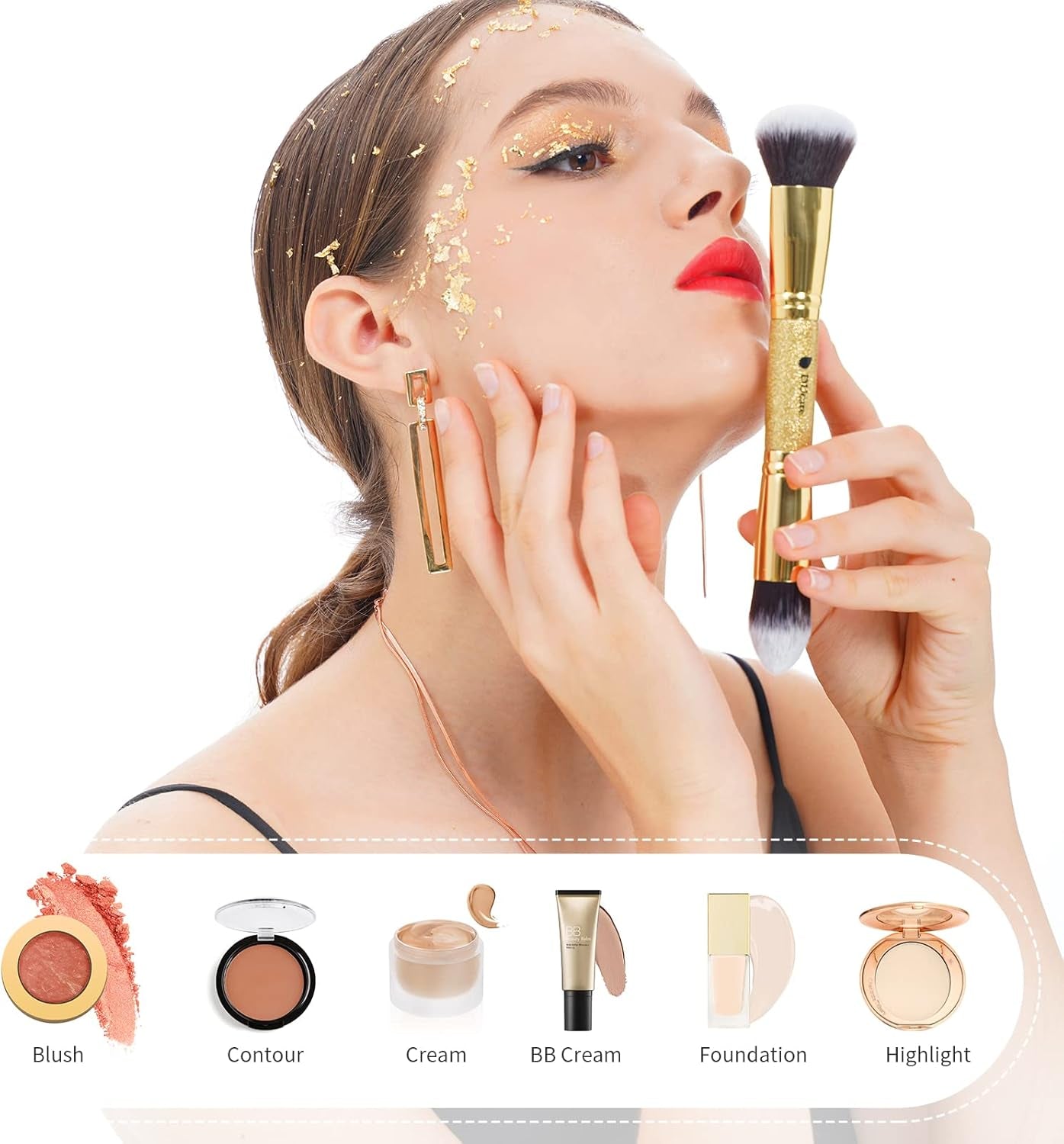 Makeup Brushes Duo End Foundation Powder Buffer and Contour Synthetic Cosmetic Tools 2Pcs Gold