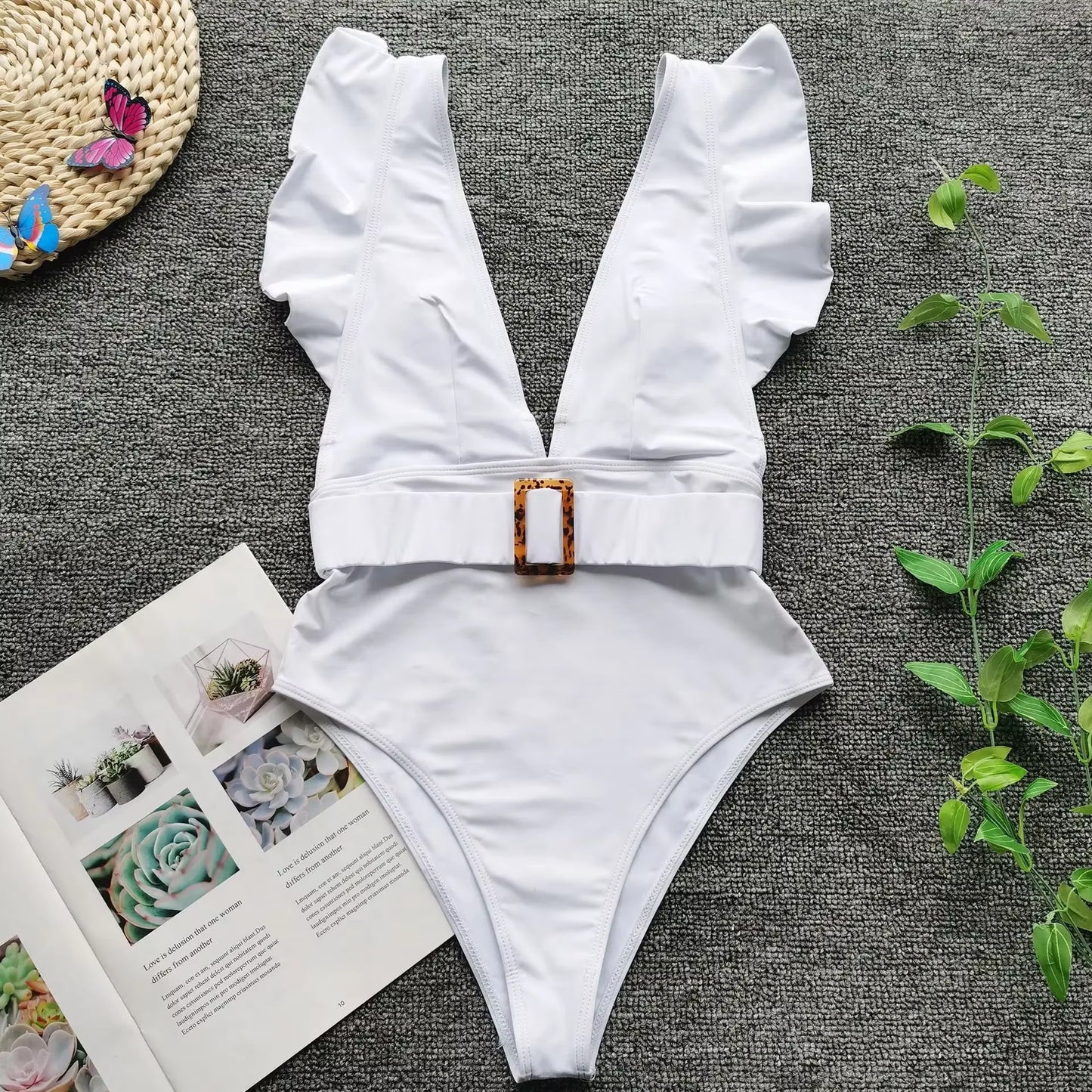 Sexy One Piece Swimsuit 2025 White Deep-V Neck Swimwear Women Black Beach High Cut Ruffles Monokini Buckle Bathing Suit Bodysuit