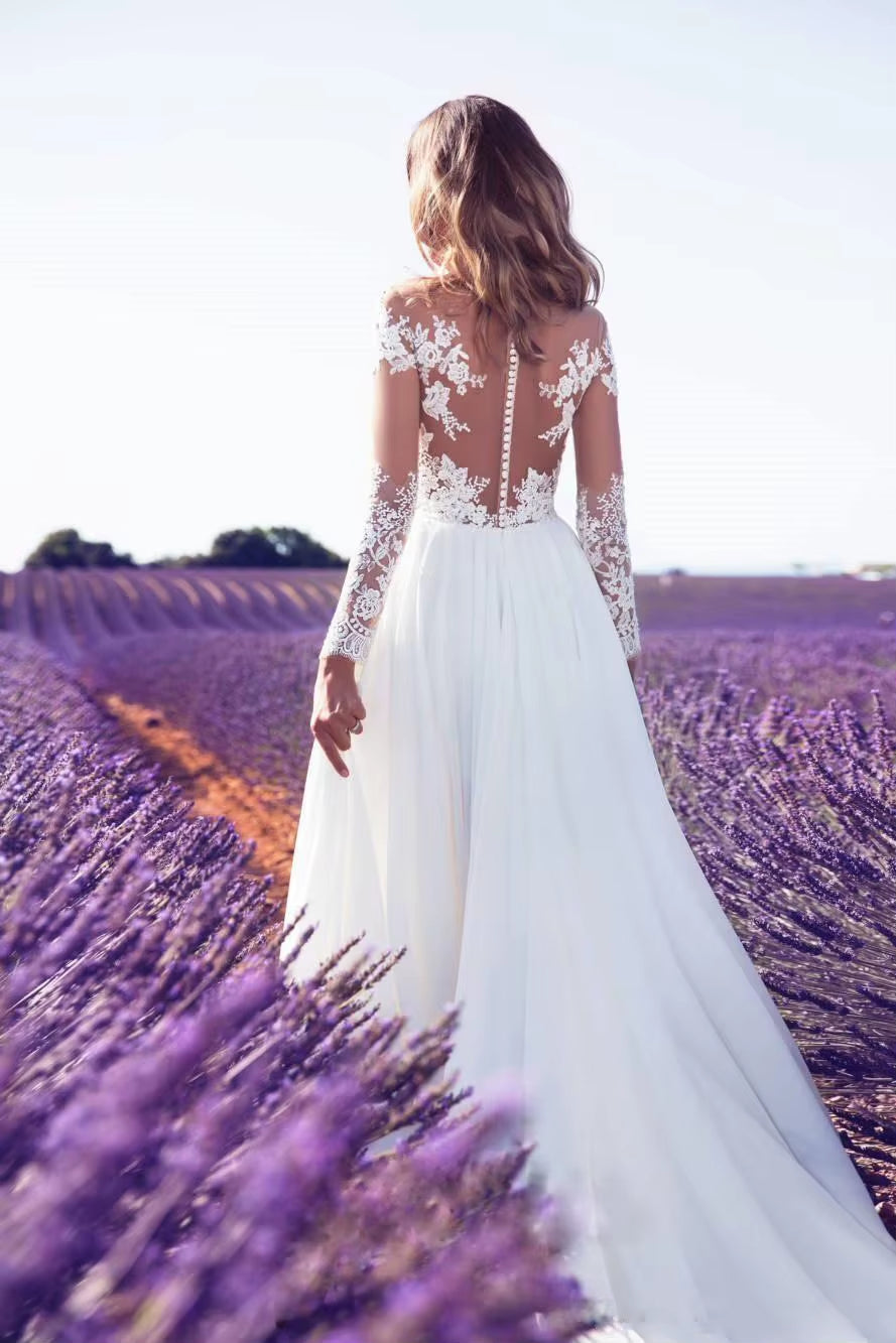 Women'S Sexy Party Dinner Dresses White Long-Sleeve Perspective Lace Wedding Slim High Waist Big Swing Ladies Long Dress