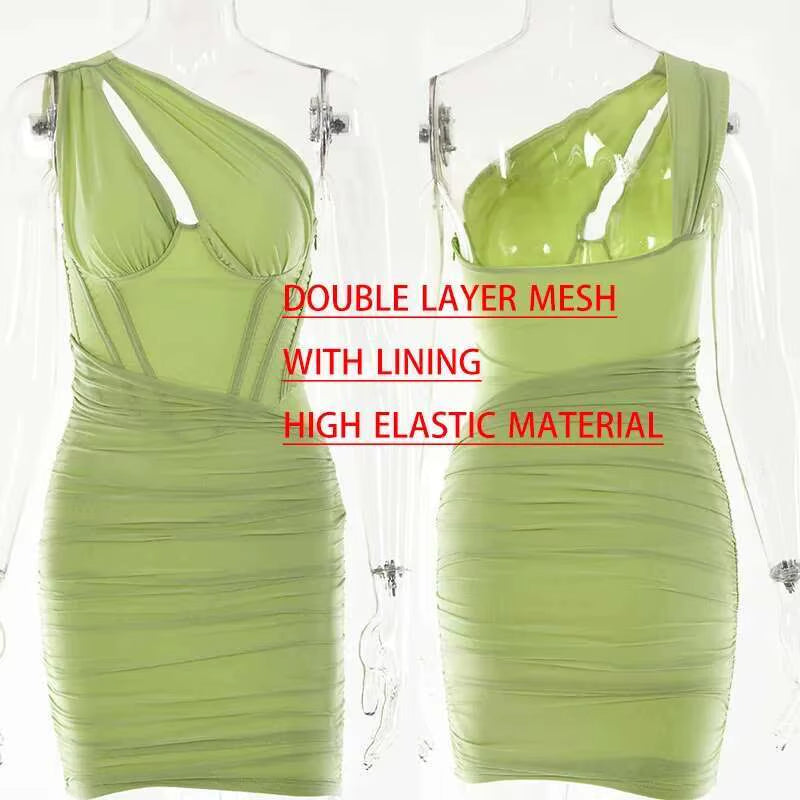 One Shoulder Mesh Sexy Bodycon Dresses Women 2021 White Pleated Mini Summer Dress Vestidos Elegant Club Party Dresses