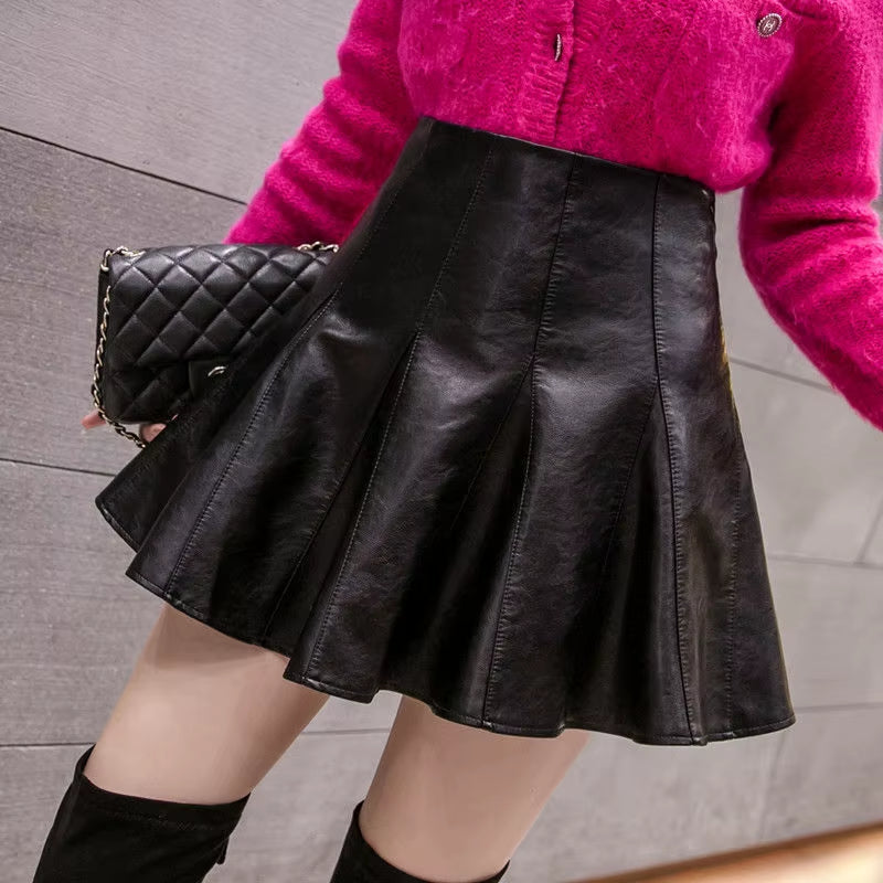 PU Leather Umbrella Skirt Pleated Skirt High Waist A- Line Leather Skirt Autumn Winter Women'S Skirt Woman Skirts Faldas Jupe
