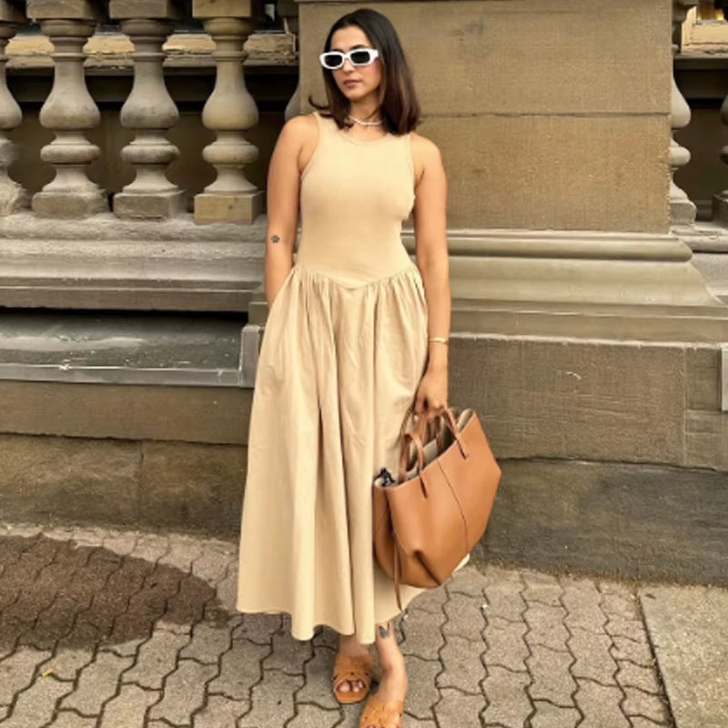 Khaki Elegant Long Dresses 2025 Women'S Spring Sleeveless Black Dresses Fashion Casual Party Y2K Dress Vestidos for Female