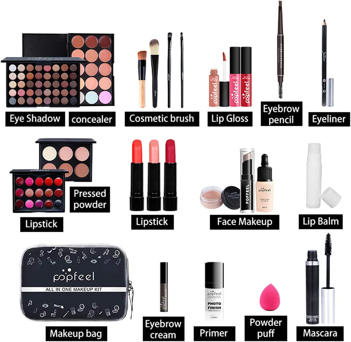 24Pcs Make-Up Cosmetic All in One Set Multi-Purpose Beauty Kit with Gift Bag - Highly Pigmented Makeup Palette Combination Lip Face Eyebrow Eye Make up Brush Items for Essential Starter #01