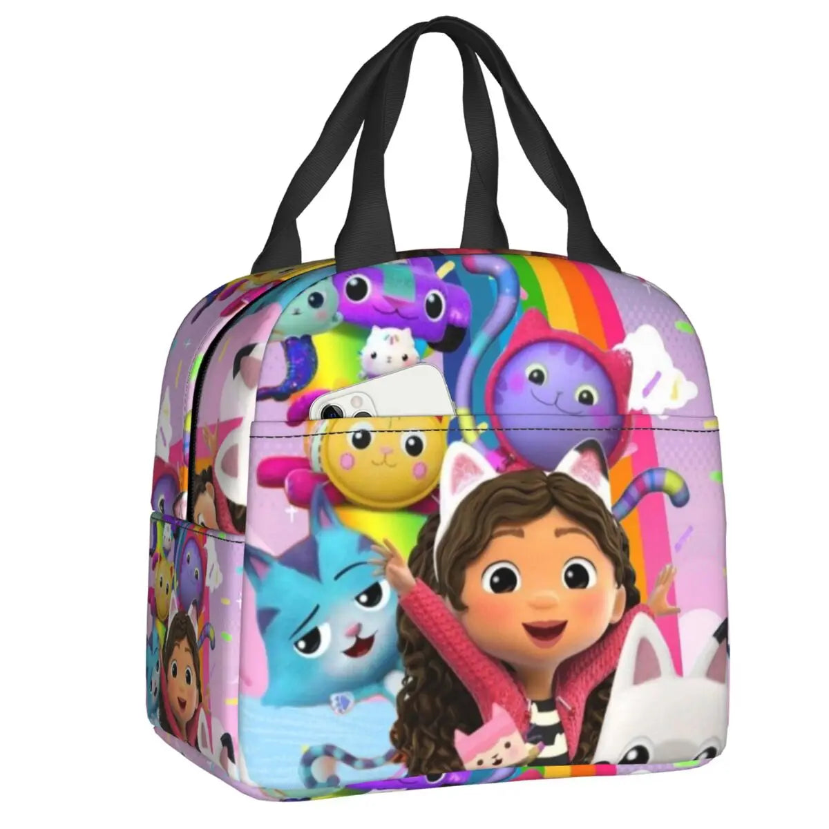 Custom Gabbys Dollhouse Portable Lunch Box Women Waterproof Cartoon Kitten Cats Thermal Cooler Food Insulated Lunch Bag