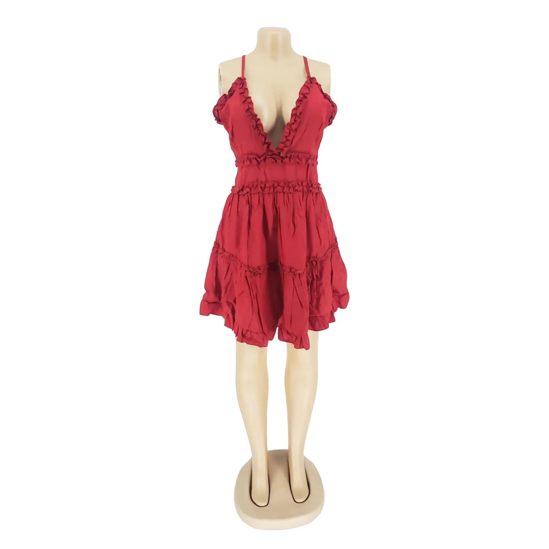 Women Summer Spaghetti Strap Halter Deep V-Neck Sleeveless Cascading Ball Gown Beach Dress Sexy Party Open Back Dresses
