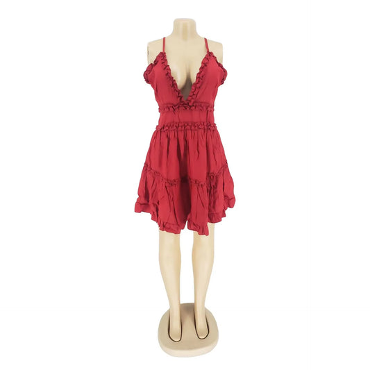 Women Summer Spaghetti Strap Halter Deep V-Neck Sleeveless Cascading Ball Gown Beach Dress Sexy Party Open Back Dresses