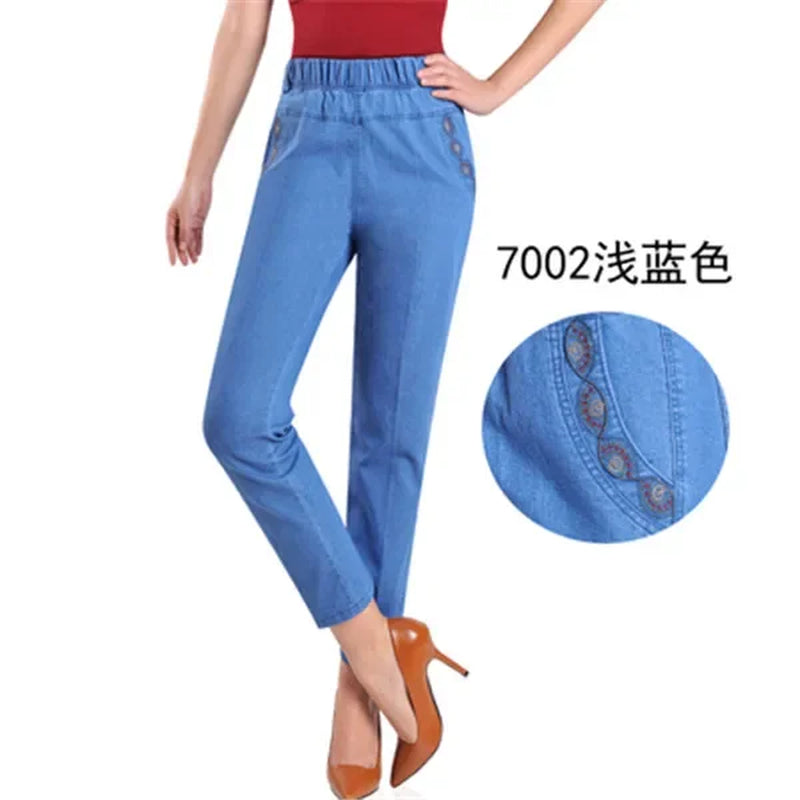 L-5XL Jeans Female Spring Summer New Embroidery Nine Denim Pants Slim High Waist Elasticity Casual Women Cowboy Pants H450