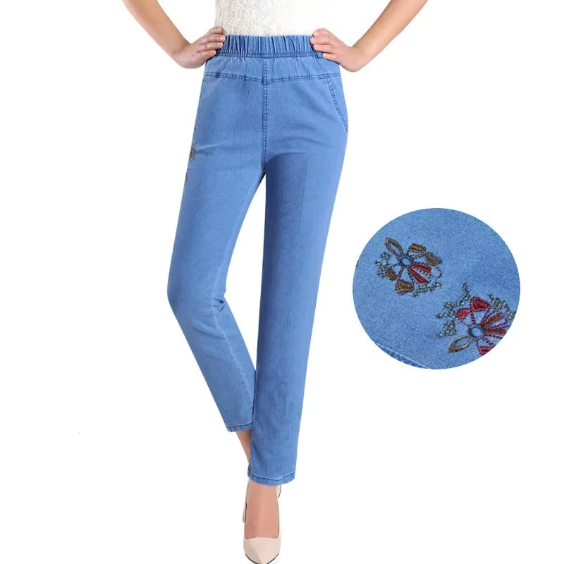 L-5XL Jeans Female Spring Summer New Embroidery Nine Denim Pants Slim High Waist Elasticity Casual Women Cowboy Pants H450