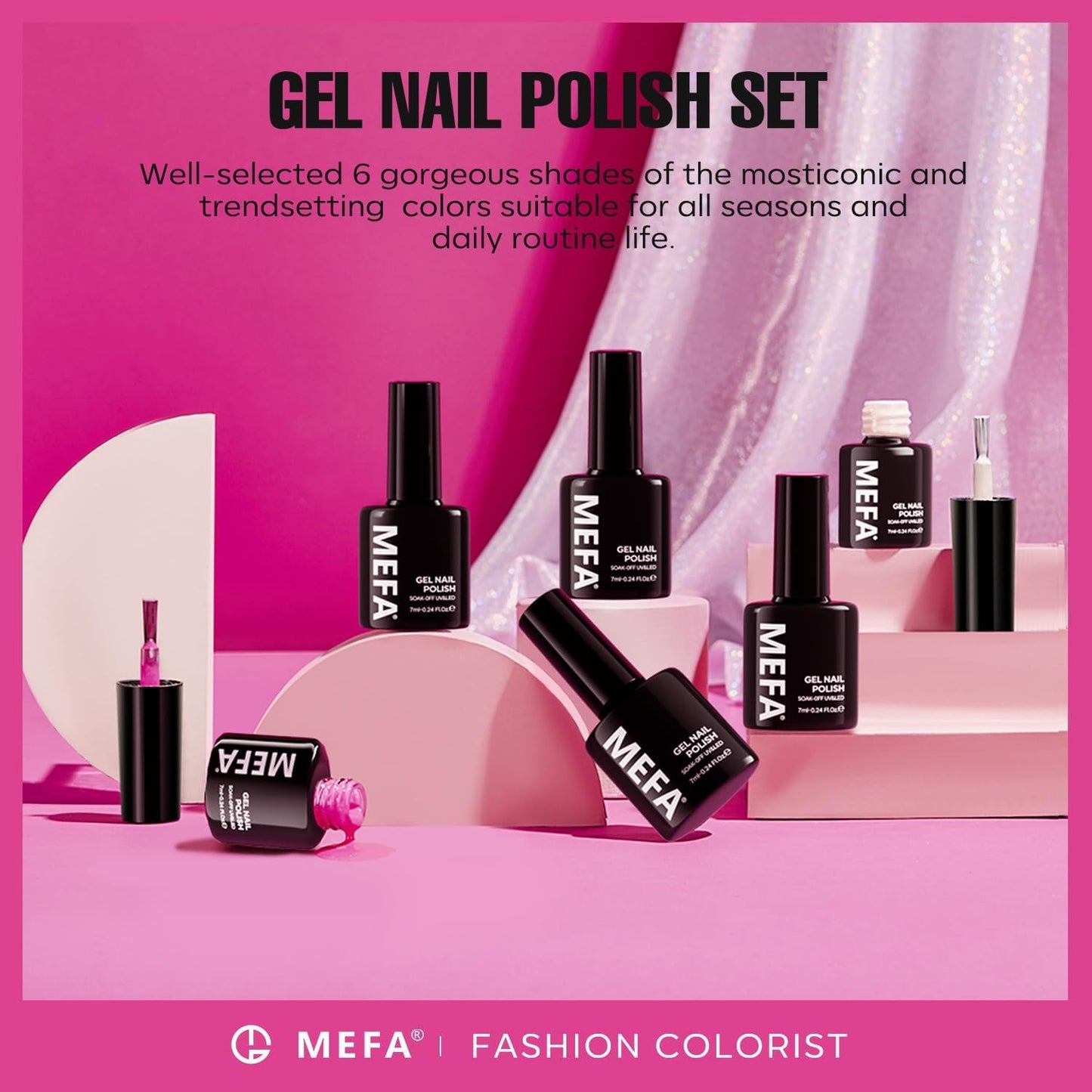 Pink Gel Nail Polish Set 6 Colors, Valentines Day Gifts Hot Pink Shades, Neon Light Bright Pink Magenta Electric Tones Craze Sakura Nail Art Design Salon at Home DIY Manicure Kit for Women Girls