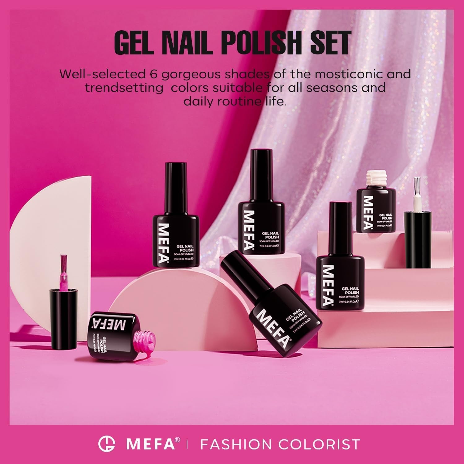 Pink Gel Nail Polish Set 6 Colors, Valentines Day Gifts Hot Pink Shades, Neon Light Bright Pink Magenta Electric Tones Craze Sakura Nail Art Design Salon at Home DIY Manicure Kit for Women Girls