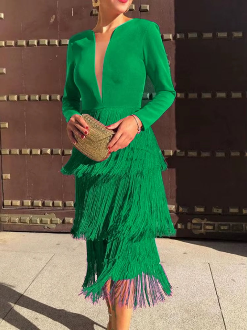 Office Ladies New Rose Red Fringe Sexy Dress Women's Spring Summer Fashion Knee Length Slim Party Night Dresses XXL Tassels