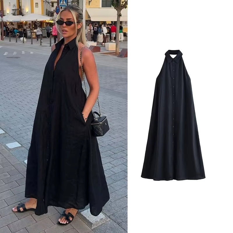 Dresses Summer Women'S 2025 New Neck-Hanging Elegant Long Holiday Dress Women Street Chic Youth Loose Fashion Dress