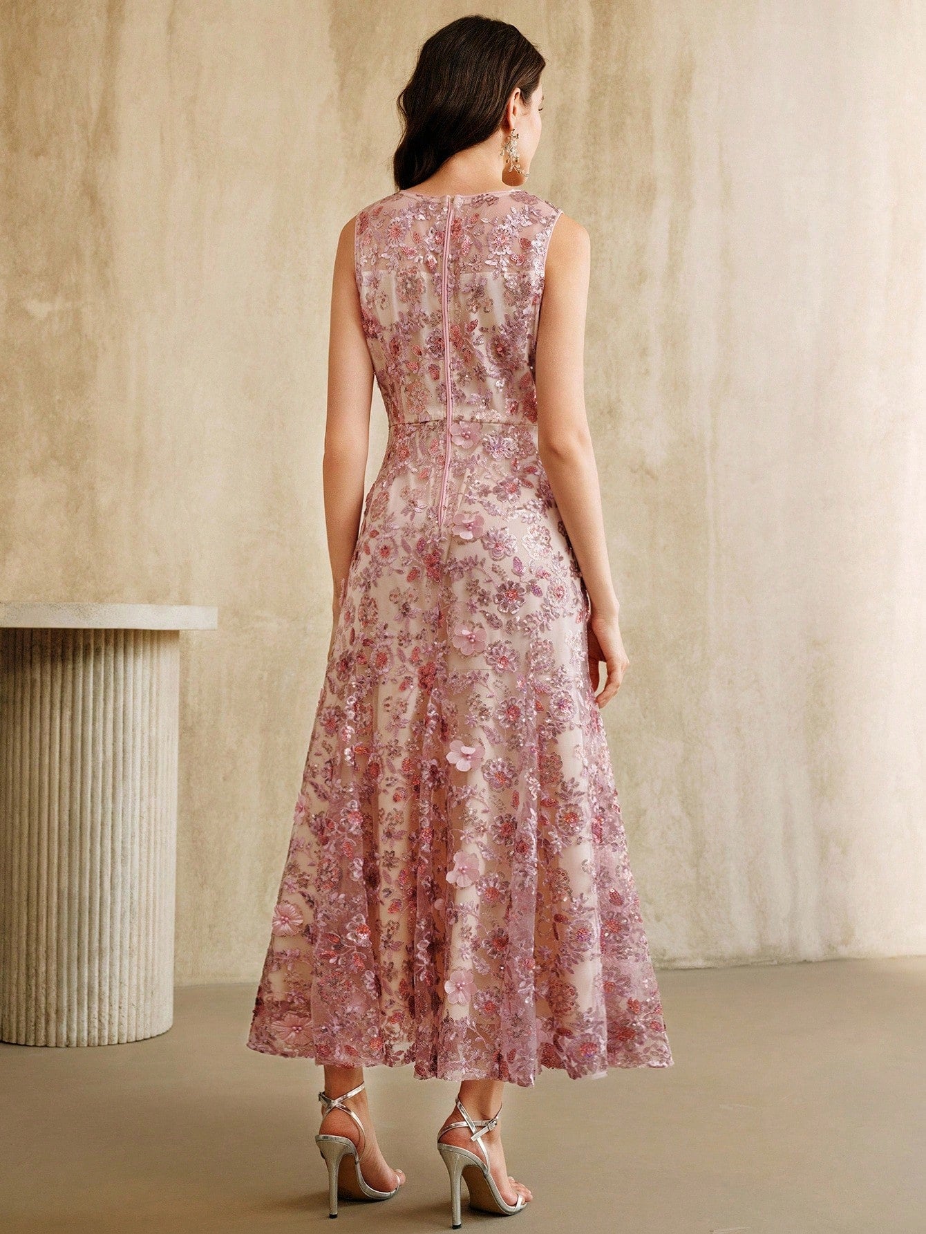 Anewsta Elegant Champagne Floral Embroidered Mesh Sleeveless Dress, Glamorous Resort Wear for Women, Spring/Summer Outfits