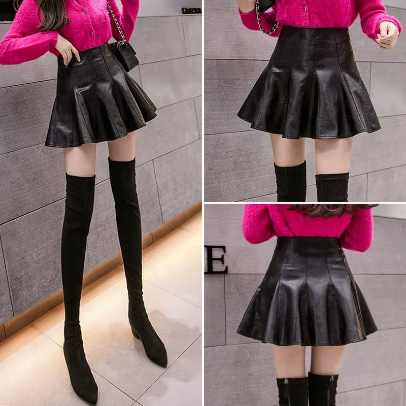 PU Leather Umbrella Skirt Pleated Skirt High Waist A- Line Leather Skirt Autumn Winter Women'S Skirt Woman Skirts Faldas Jupe