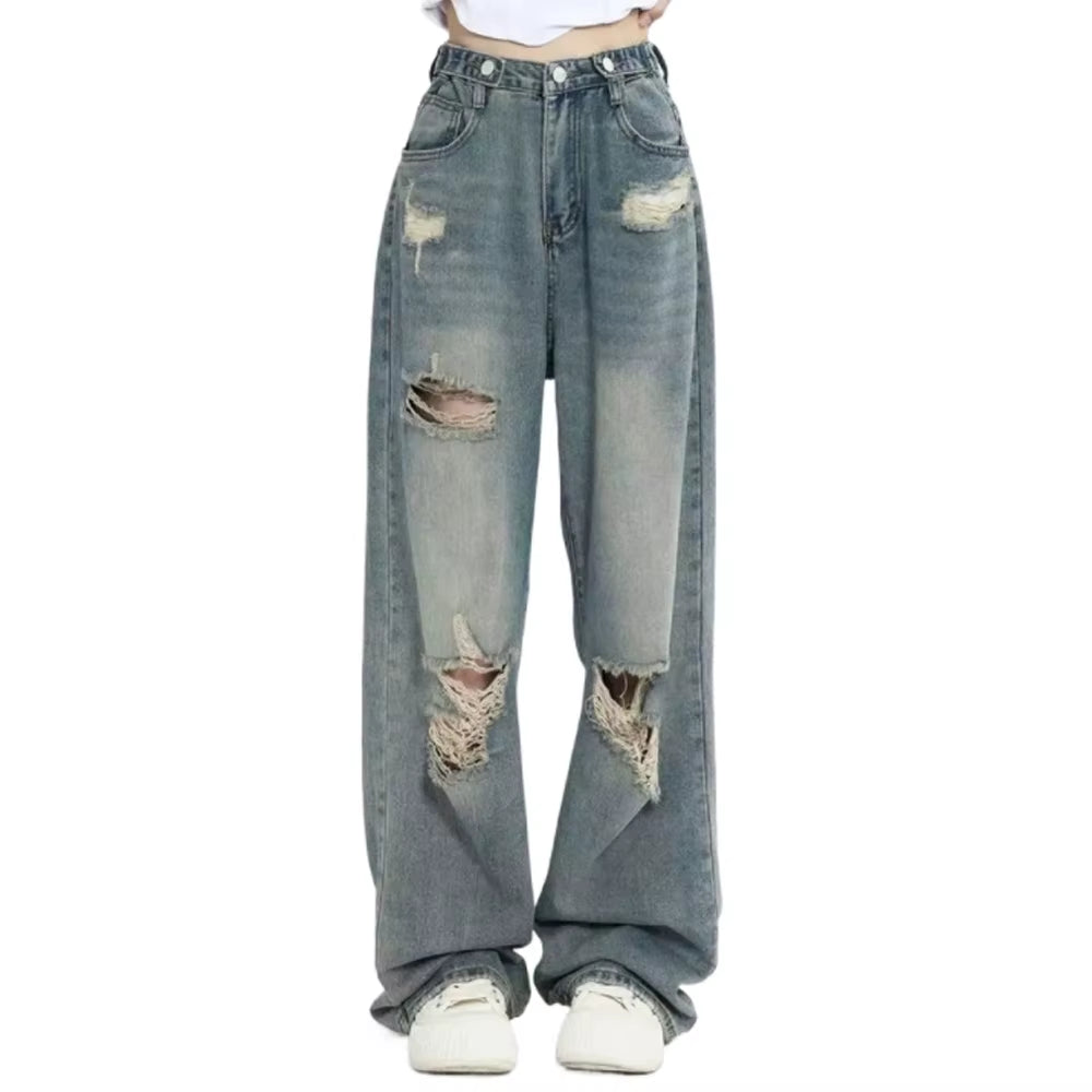 American Retro Hole-Punched Jeans Women High Waist Straight-Crotch Loose Slim Design High-Street Vibe Wide-Legged Dragging Pants