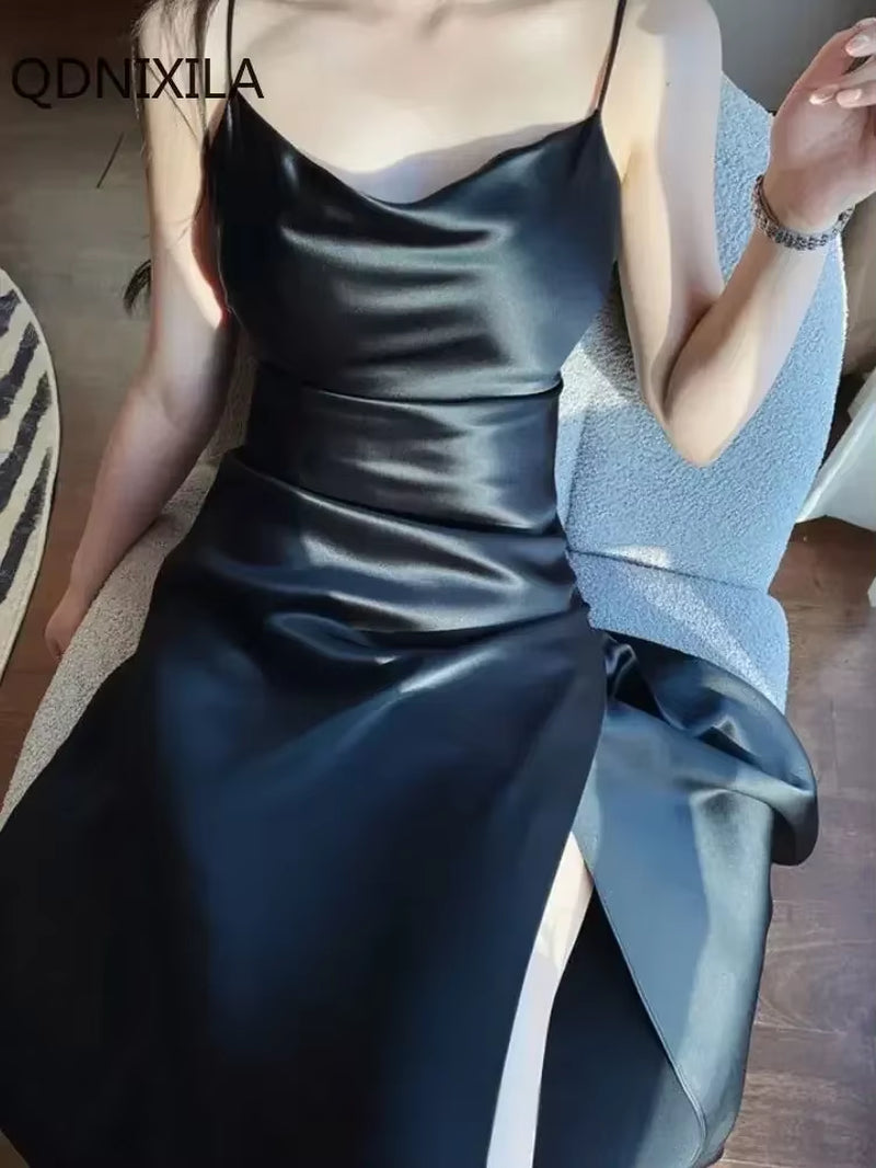 Women'S Satin Open Back Dress, Spaghetti Strap, Slim Fit, Monochromatic, Party Dresses, Sensual, Sexy, New,Summer Dress