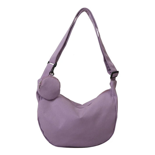Women'S Canvas Shoulder Bag Large Capacity Crossbody Chest Bag Casual Half Moon Belt Messenger Bag Student Commute Dumpling Bag