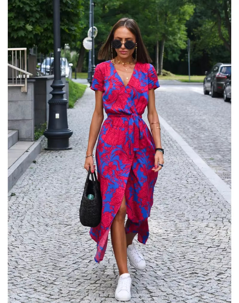 Summer Women'S New V-Neck Floral Printed Mid-Length Dress Split Vacation Style Fashion Long Dresses