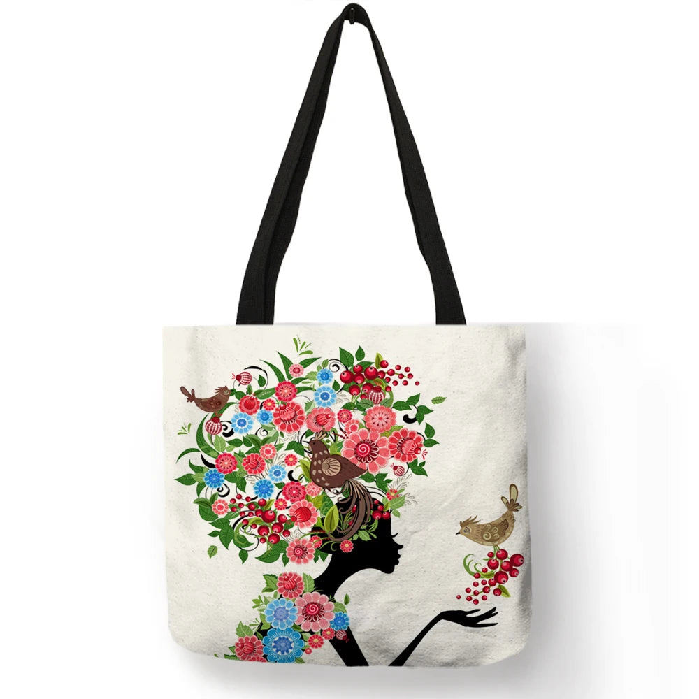 Wishing Girl Print Linen Reusable Shopping Bags Women Large Tote Bags 2020 Fashion Handbags with Customized Printed