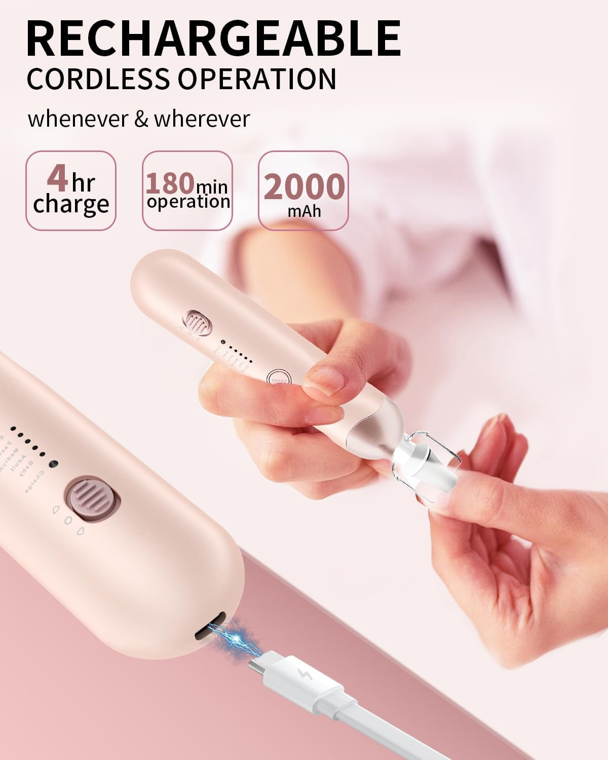 Professional Manicure Pedicure Kit, Cordless Electric Nail File Set, Rechargeable Pedicure Tools for Feet, 5 Speeds Hand Foot Care Nail Drill for Thick Nail Toenail Cuticle Women Men Baby Pets-Rose
