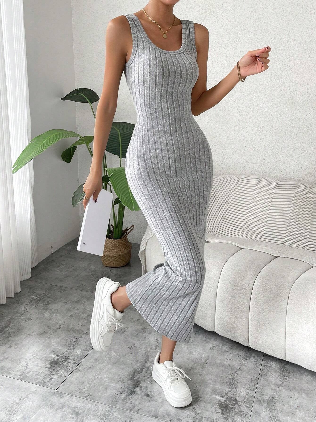 Zielony Autumn Backless Soft Fabric Ribbed Casual Dress for Women
