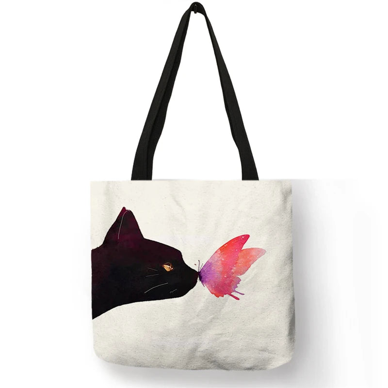 SY0114 Cute Black Cat Print Women Handbags Casual Totes Large Capacity Reusable Shopping Bags School Shoulder Book Storage Bag