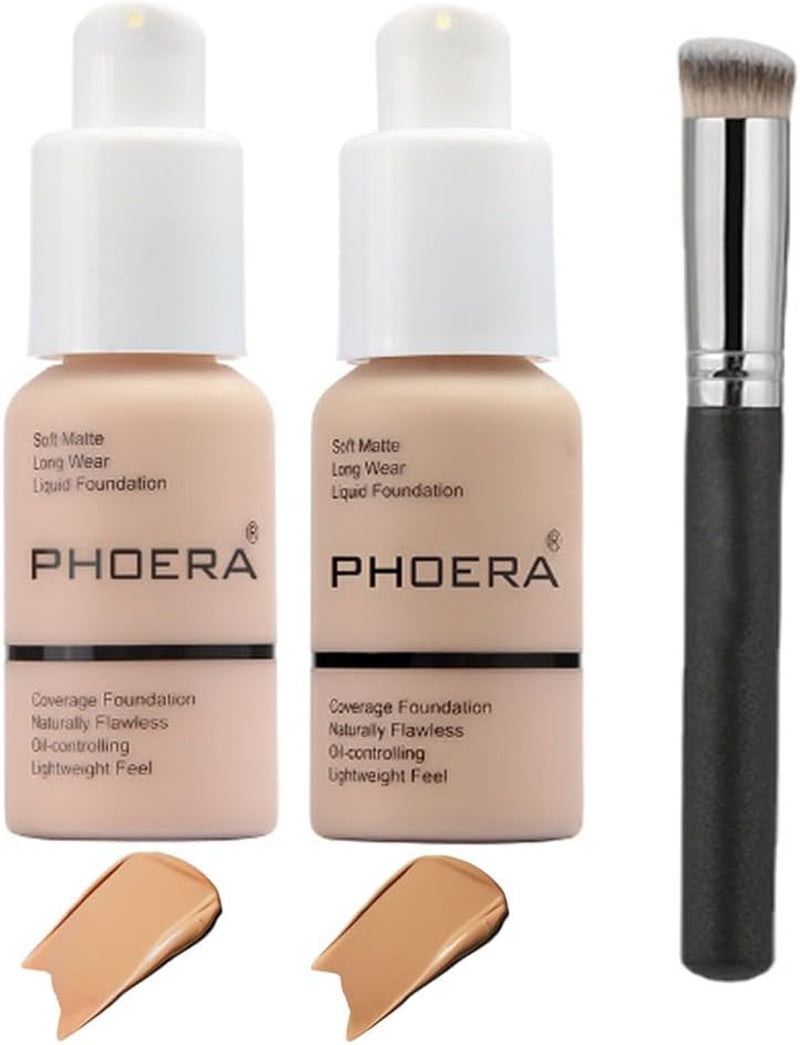2 Pcs Liquid Foundation Full Coverage 24HR 30Ml Matte Oil Control Foundation Makeup Concealer (Buff Beige & Sand) with Kabuki Foundation Brush Flat Top