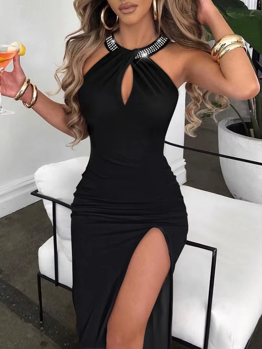 Elegant Women's High Split V-Neck Dress for Spring 2025 - Slim Fit Sleeveless Casual Office Attire