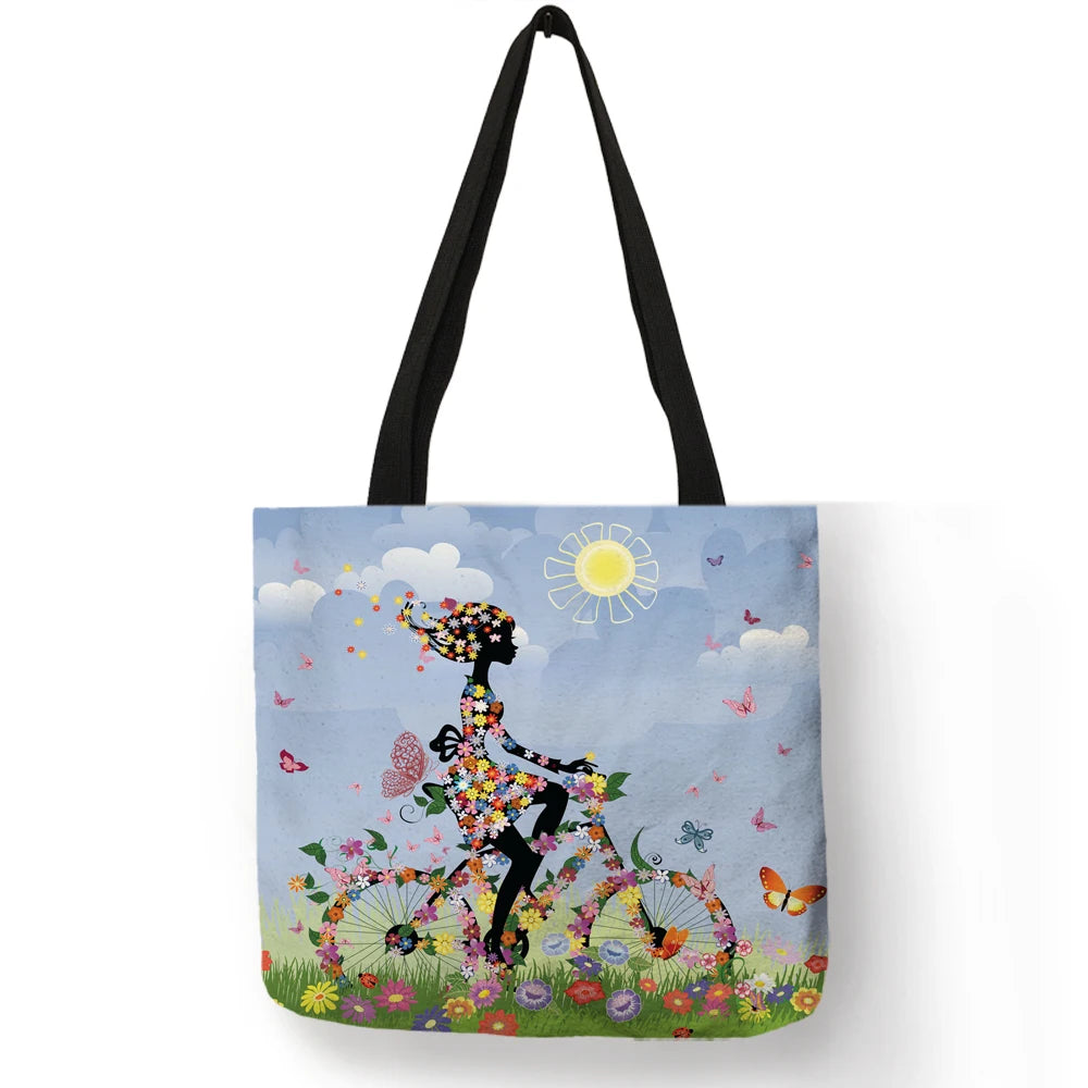 Wishing Girl Print Linen Reusable Shopping Bags Women Large Tote Bags 2020 Fashion Handbags with Customized Printed
