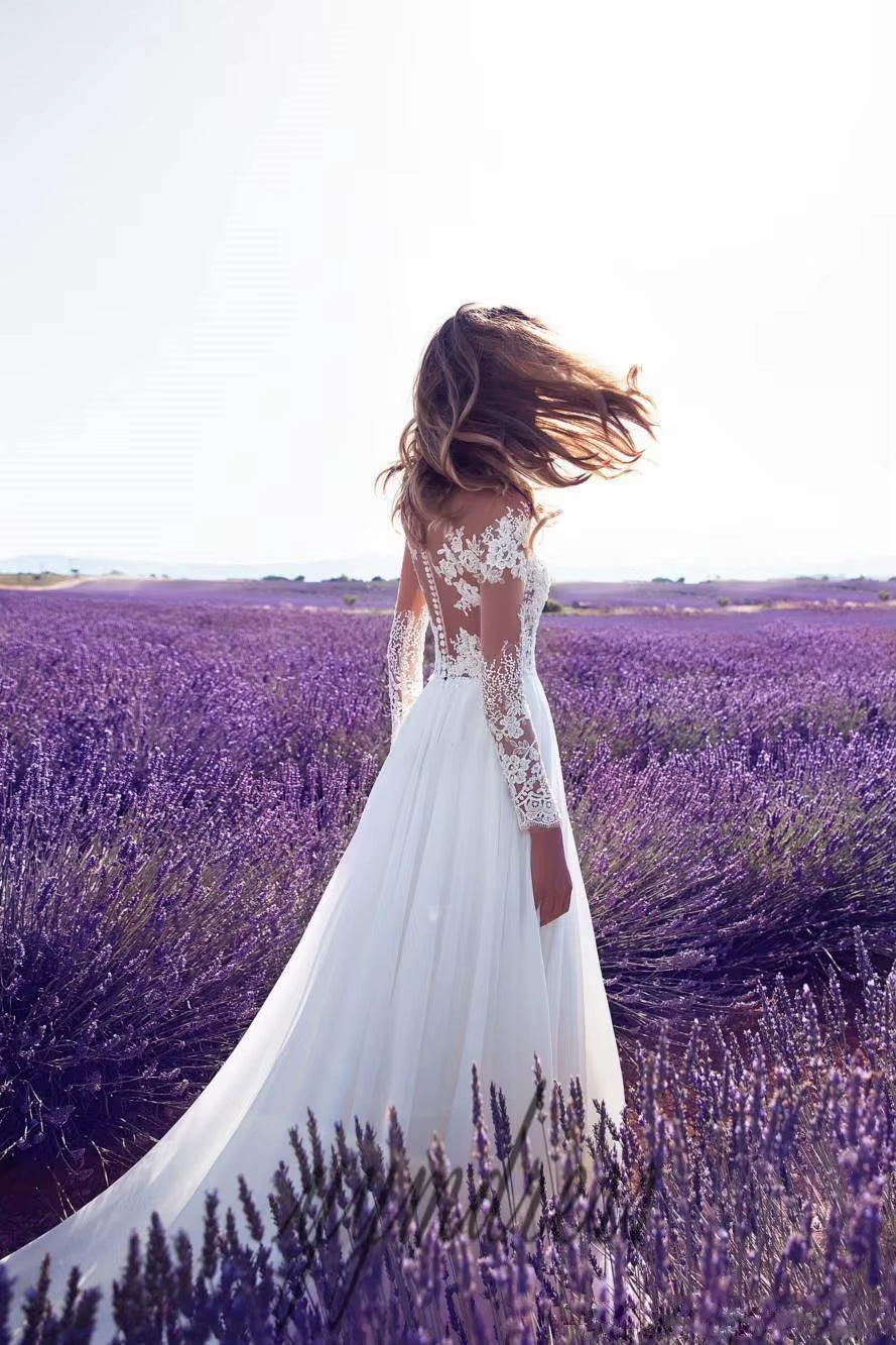 Women'S Sexy Party Dinner Dresses White Long-Sleeve Perspective Lace Wedding Slim High Waist Big Swing Ladies Long Dress