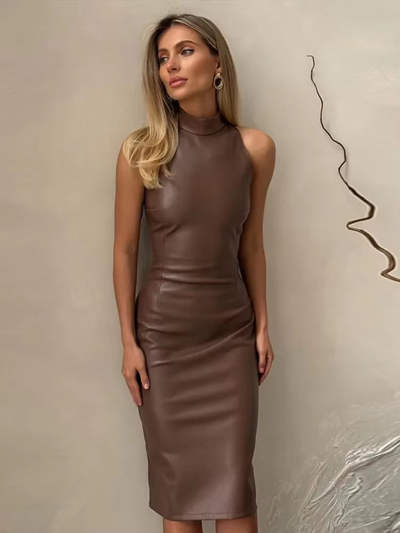 Vintage Midi Leather Dress Women Slim Turtleneck Sleeveless Hip Package Female Dresses 2025 Autumn Lady Elegant Party Vestidos