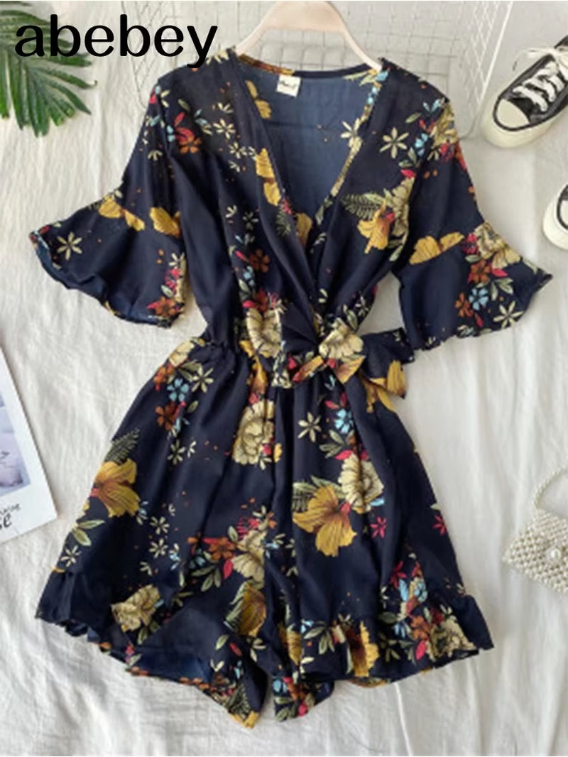 Women Rompers Casual Wide Leg Pants Overalls Short Sleeve V Neck Solid Playsuits Summer Beach Chiffon Ruffle Jumpsuits