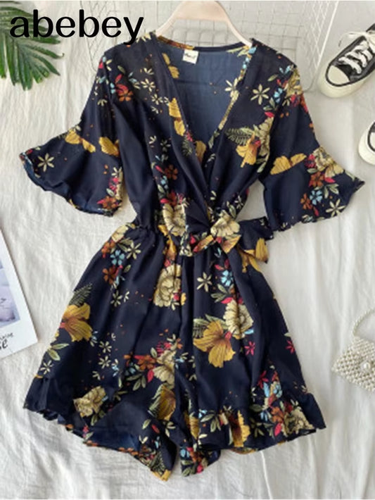 Women Rompers Casual Wide Leg Pants Overalls Short Sleeve V Neck Solid Playsuits Summer Beach Chiffon Ruffle Jumpsuits
