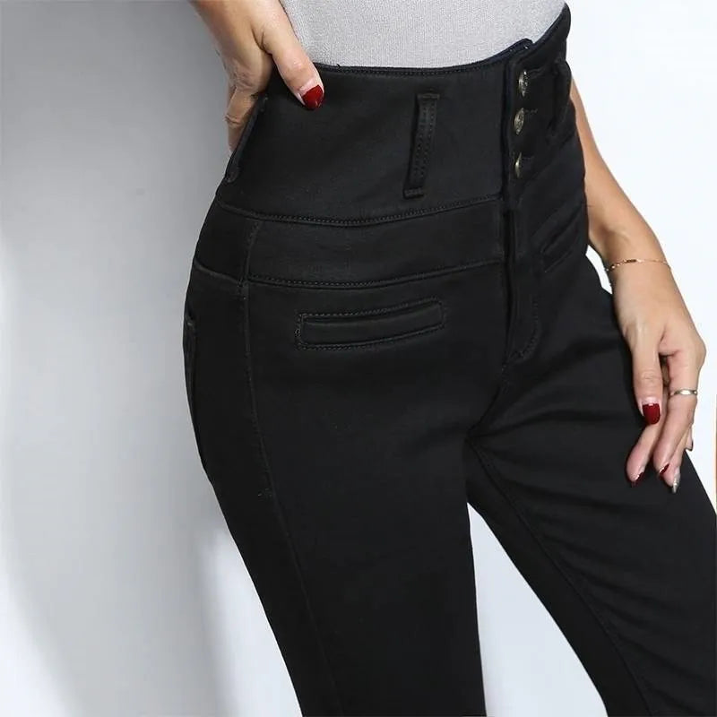 New High Waist Velvet Thick Jeans Female Winter Skinny Stretch Warm Jeans Pants Mom Black Denim Trousers with Fleece Pants P125