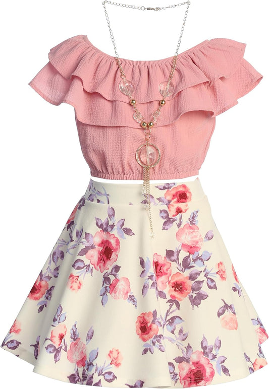 Girls off Shoulder Crop Ruffle Layered Top and Skirt Set Outfit USA 4-14