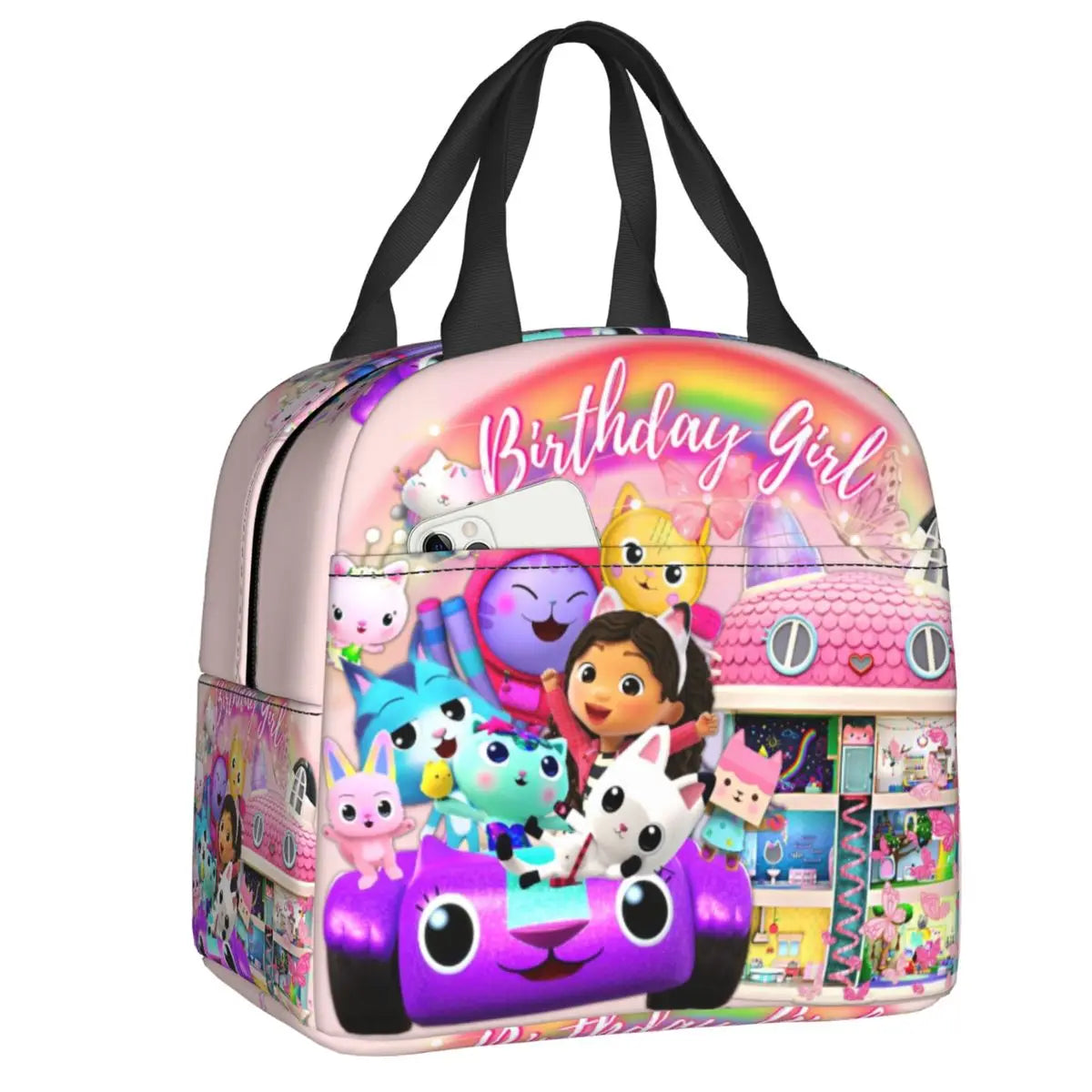 Custom Gabbys Dollhouse Portable Lunch Box Women Waterproof Cartoon Kitten Cats Thermal Cooler Food Insulated Lunch Bag