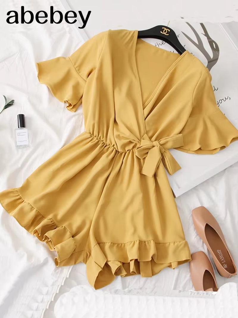 Women Rompers Casual Wide Leg Pants Overalls Short Sleeve V Neck Solid Playsuits Summer Beach Chiffon Ruffle Jumpsuits