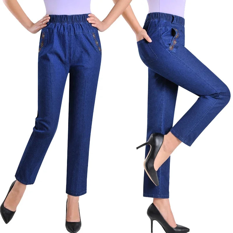 L-5XL Jeans Female Spring Summer New Embroidery Nine Denim Pants Slim High Waist Elasticity Casual Women Cowboy Pants H450