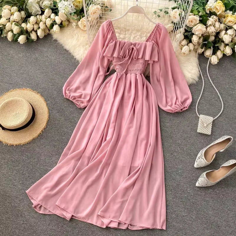 Chic Elegant Square Collar Maxi Dress Women Solid Chiffon Puff Sleeve Dresses 2025 Beach Party Robe Vintage Ruffle Vestidos Y2K