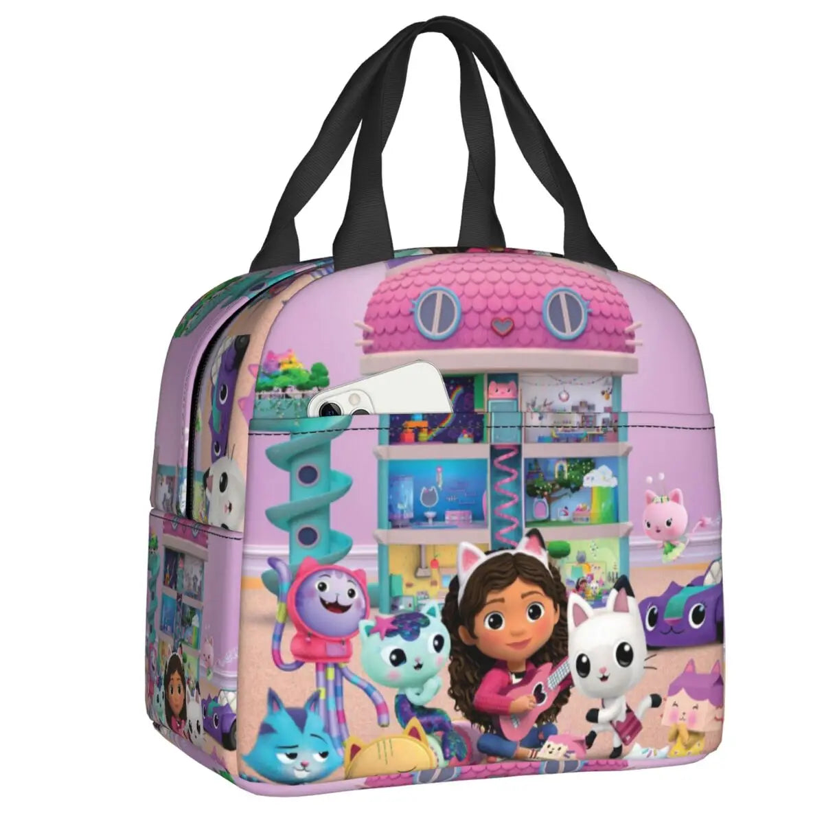 Custom Gabbys Dollhouse Portable Lunch Box Women Waterproof Cartoon Kitten Cats Thermal Cooler Food Insulated Lunch Bag