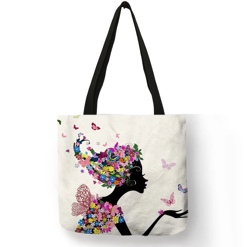 Wishing Girl Print Linen Reusable Shopping Bags Women Large Tote Bags 2020 Fashion Handbags with Customized Printed